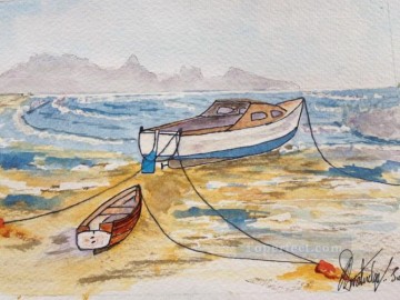 風景 Painting - ビーチの水彩画のボート